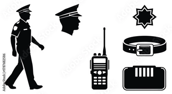 Fototapeta Silhouette illustration of a police officer and equipment set editable vector file