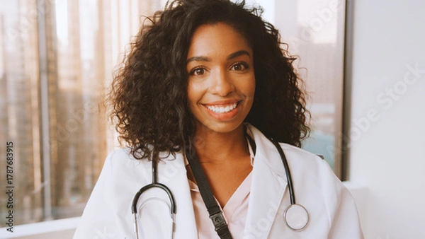 Obraz Portrait Of Smiling Female Doctor Wearing White Coat With Stethoscope In Hospital Office