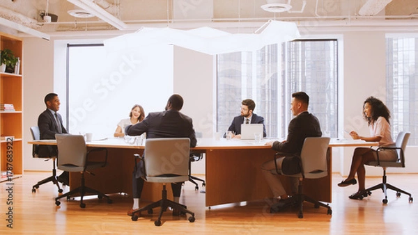 Fototapeta Group Of Business Professionals Meeting Around Table In Modern Office