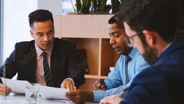 Fototapeta Three Businessmen Sitting Around Table Meeting In Modern Open Plan Office
