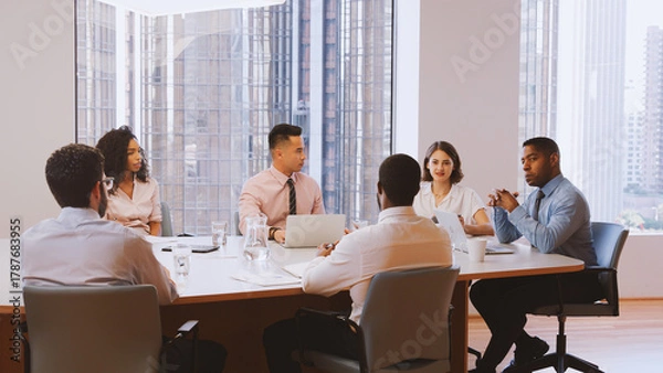 Fototapeta Group Of Business Professionals Meeting Around Table In Modern Office