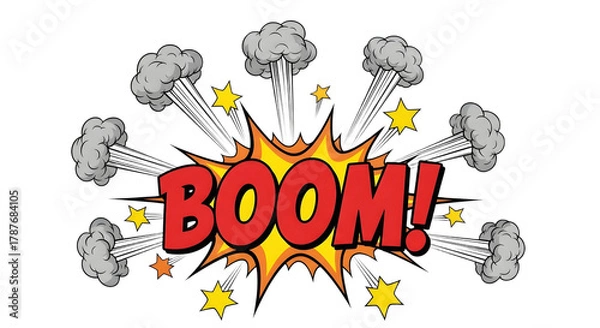 Fototapeta Cartoon explosion with the word boom in red and yellow colors with transparent background