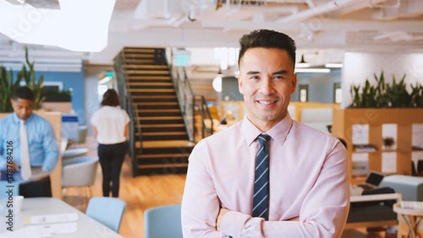 Fototapeta Portrait Of Businessman In Modern Office With Colleagues Meeting Around Table In Background