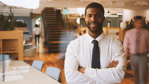 Fototapeta Portrait Of Businessman In Modern Office With Colleagues Meeting Around Table In Background