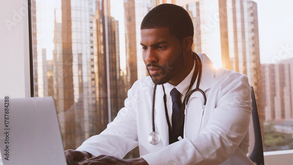 Fototapeta Male Doctor With Stethoscope Working On Laptop At Desk In Hospital Office