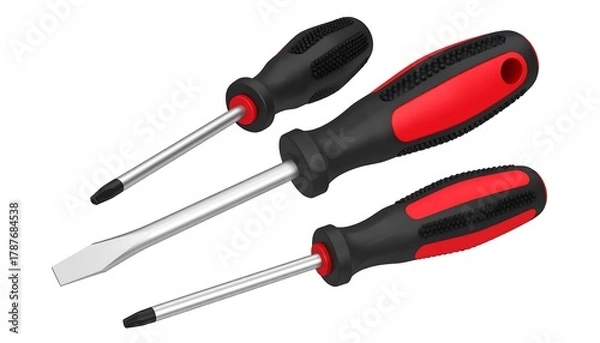 Fototapeta Three Screwdrivers with Black and Red Handles on White Background.