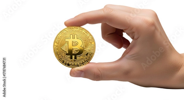 Fototapeta A hand holding a golden bitcoin against a white background view with transparent background