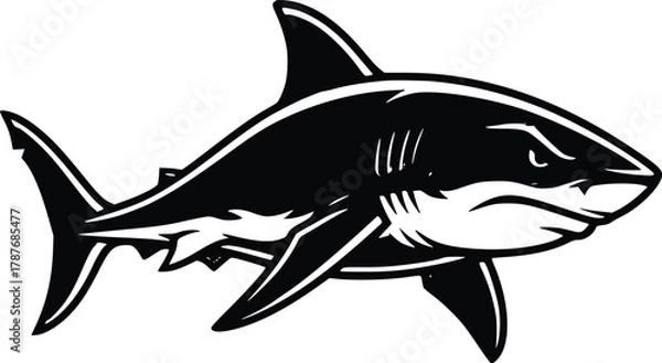 Obraz Jumping shark line art with water droplets, symbol of power and attack.