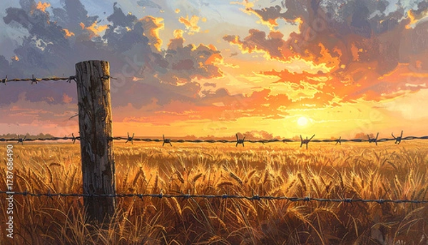 Fototapeta Sunset over a wheat field with barbed wire fence
