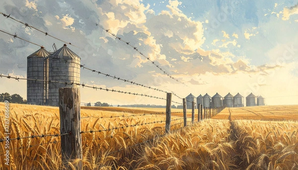 Fototapeta Wheat field with silos and barbed wire fence