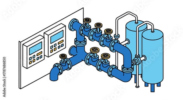 Fototapeta Isometric illustration of a water filtration system with tanks editable vector file
