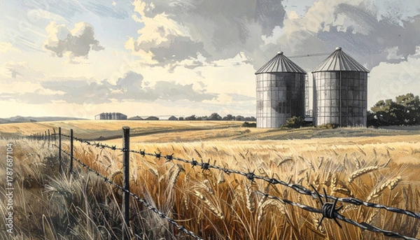 Fototapeta Silos and barbed wire in a golden wheat field