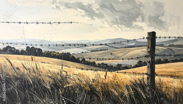 Fototapeta Barbed wire fence in a golden field landscape