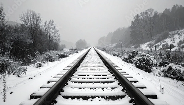 Fototapeta Snow-covered railway tracks in a winter landscape
