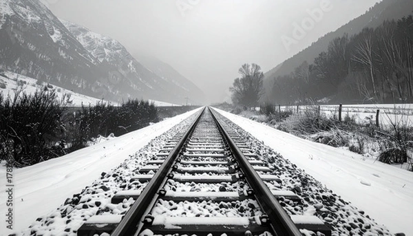 Fototapeta Snow-covered railway tracks in a winter landscape
