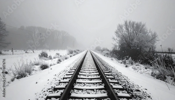 Fototapeta Snow-covered railway tracks in a winter landscape