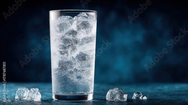 Obraz A glass of ice water looks cool and refreshing on a blue background.
