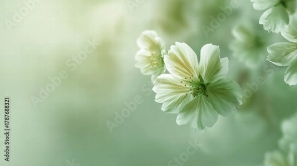 Obraz Close-up of delicate white flowers with soft green hues in a dreamy composition.