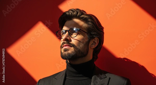 Fototapeta Confident bearded man in glasses and a black turtleneck, a stylish portrait with dramatic shadow on a vibrant orange background.