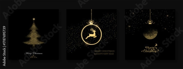 Fototapeta Pack of festive greeting cards with Christmas  ball, dear, christmas tree on black background. Holiday pattern. Vector illustratio