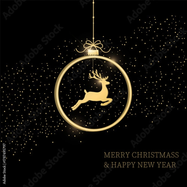 Fototapeta Greeting card with gold Christmas  deer, christmas ball on black background. Vector illustration. Gold pattern