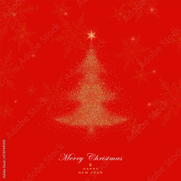 Fototapeta Greeting card with gold glitter Christmas  tree on red background. Vector illustration. Gold pattern