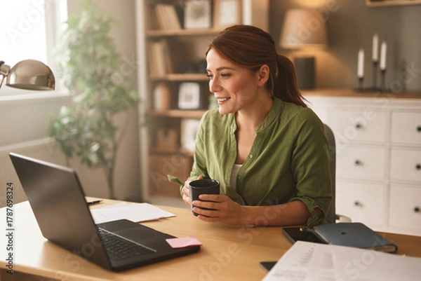 Fototapeta A woman sits at a wooden desk in a warm home office, engaging in a video chat with a laptop. She holds a cup of coffee and appears cheerful, surrounded by greenery and soft lighting.