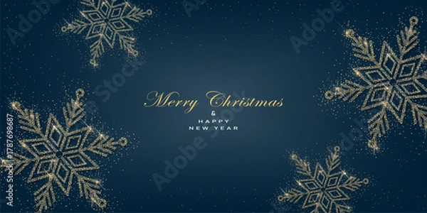 Fototapeta Greeting card with christmas  snowflakes made from gold glitter on black background.New year them. Vector illustration.