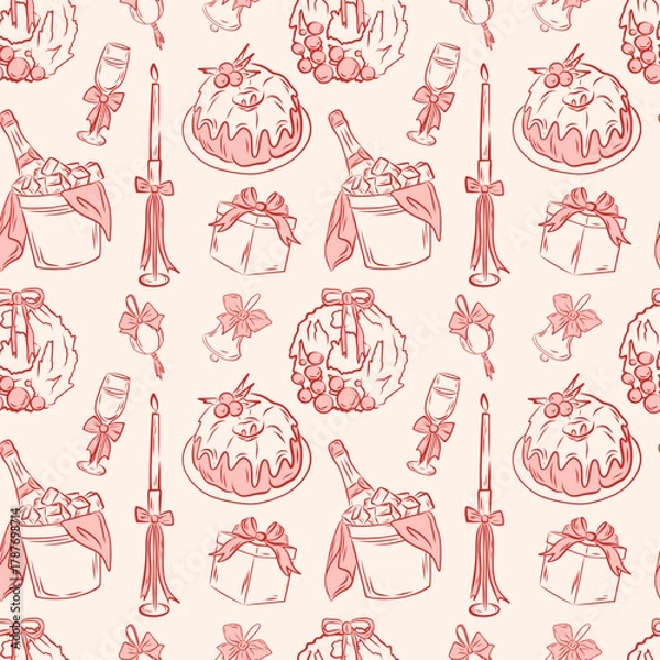 Fototapeta Christmas seamless pattern in coquette style. Linear illustration festive elements. For packaging, wallpapers, textiles, postcards or covers.