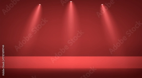 Obraz Empty Dark Red studio background. Empty room with light effect. Empty Room Studio with table. Space for selling products, backdrop, wallpaper, background, text. Gradient table. Vector illustration.