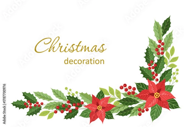 Fototapeta Winter flower arrangement. Winter decorative corner with poinsettia, holly and red berry.
