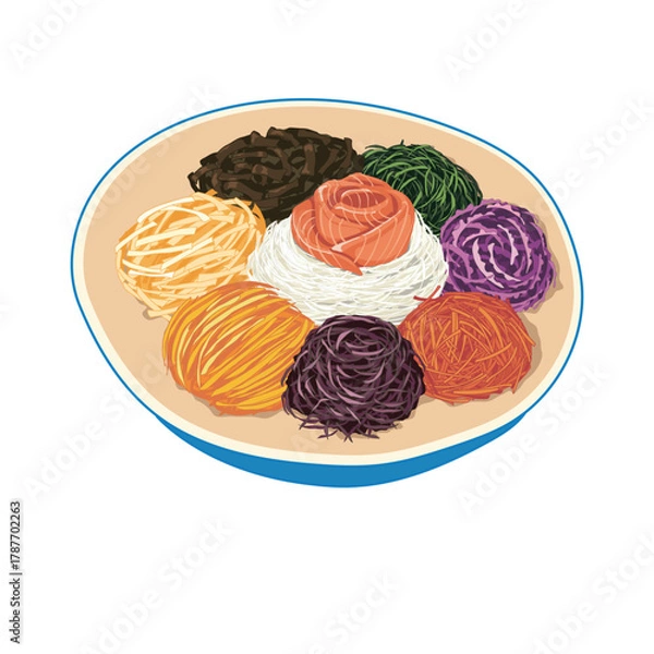 Obraz Yusheng, yee sang or Prosperity Toss in blue plate.Fresh Salmon with mixed small cut vegetables salad on white background. Asian salad vector illustration. Authentic Chinese food. New year menu. 