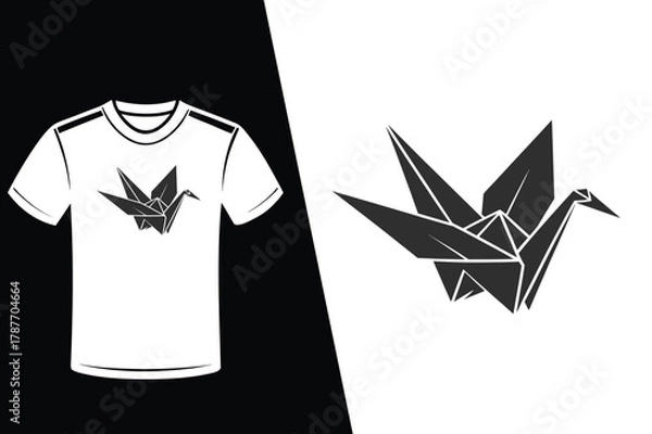 Fototapeta Black origami crane logo on white background and t-shirt graphic Keywords: t-shirt, apparel