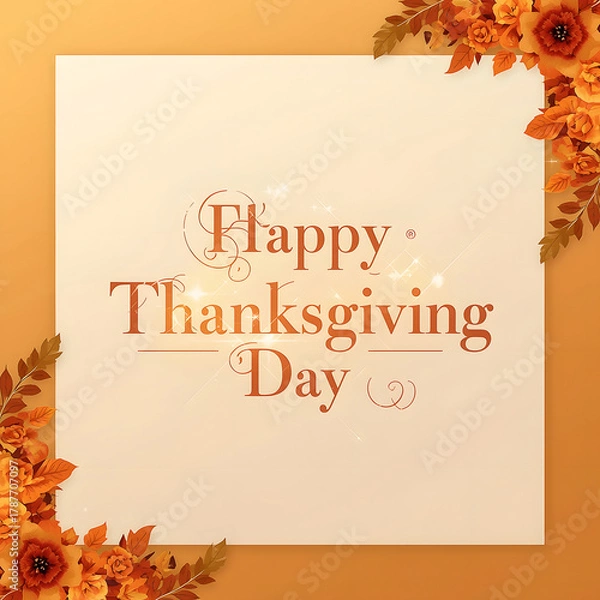 Fototapeta Elegant graphic with "Happy Thanksgiving Day" text in a decorative font on a square cream background, framed by warm orange and brown fall flowers and leaves.