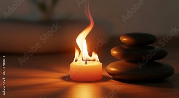 Fototapeta Candlelight and stacked stones create a serene atmosphere.