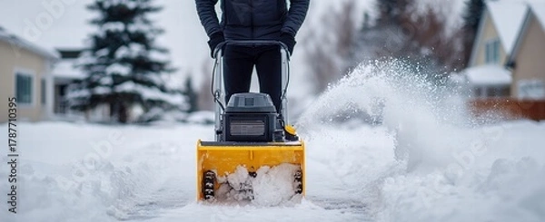 Obraz Person using a snowblower to clear a sidewalk in winter