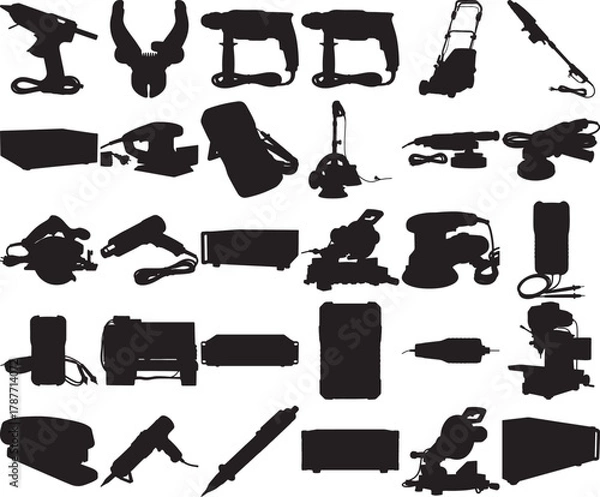 Fototapeta Hand made Set of power tools silhouettes various electric equipment for construction and home improvement By Adobe Illustrator