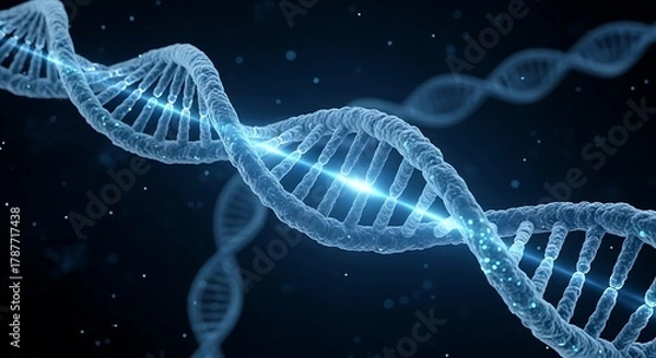 Fototapeta DNA double helix structure with glowing blue light effect.