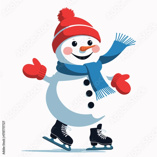 Fototapeta Snowman wearing mittens and scarf, gliding on small ice skates