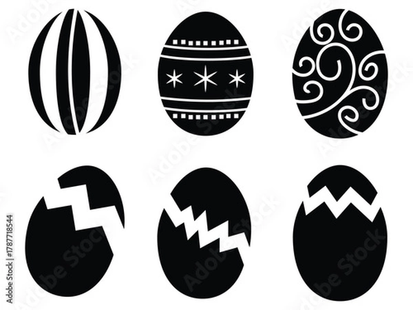 Fototapeta Easter eggs icon vector. Broken Easter, decorated ester eggs icon vector set. Spring Easter black and white egg elements. Egg shell icon set. Cracked egg vector illustration.
