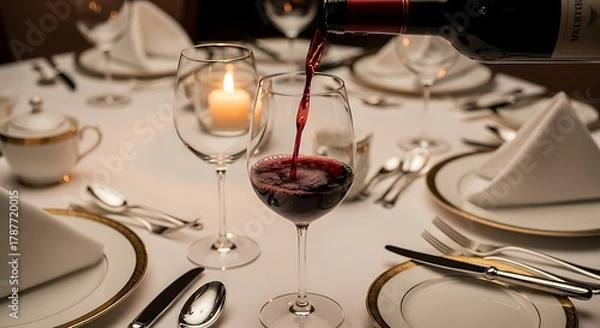 Fototapeta Elegant Dining Table Setting with Wine and Candlelight.