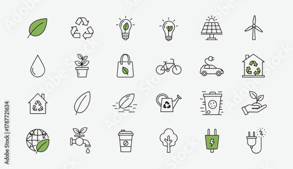 Obraz Environment and Ecology Line Icons Set – Green Planet, Renewable Energy, and Sustainable Development Outline Vector Pack