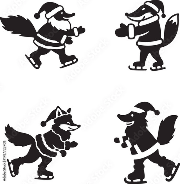 Fototapeta Christmas Fox and Wolf Characters Ice Skating Vector Illustration and Silhouette Design