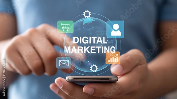 Fototapeta Unlock global growth with dynamic digital marketing strategies on your smartphone, connecting customers and boosting sales worldwide.