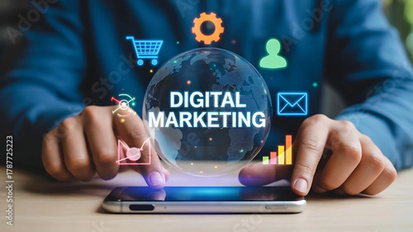 Fototapeta Engage global audiences with dynamic digital marketing strategies and analytics visualized on a smartphone interface