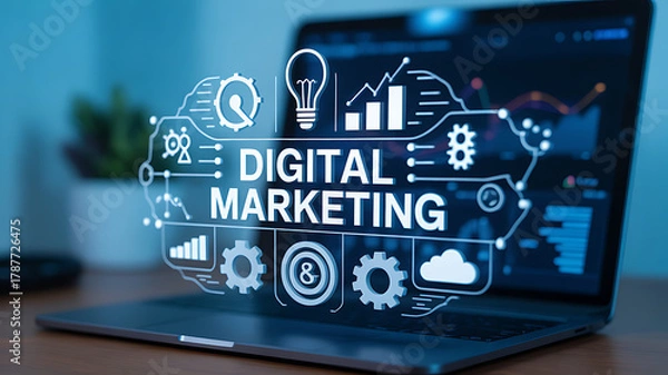 Fototapeta Unlock business growth with powerful digital marketing strategies visualized on a modern laptop screen, driving online success