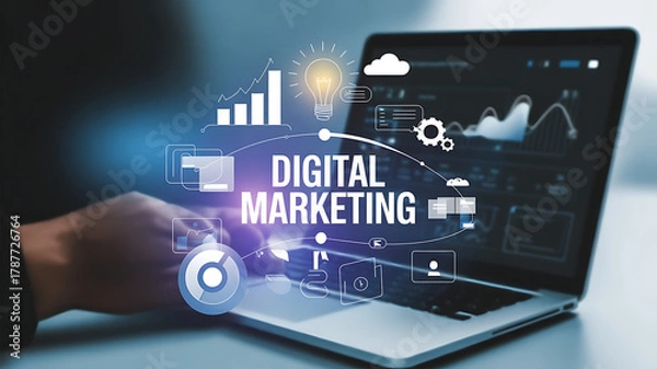 Fototapeta Transforming businesses with dynamic digital marketing strategies and insightful data analytics on a modern laptop interface