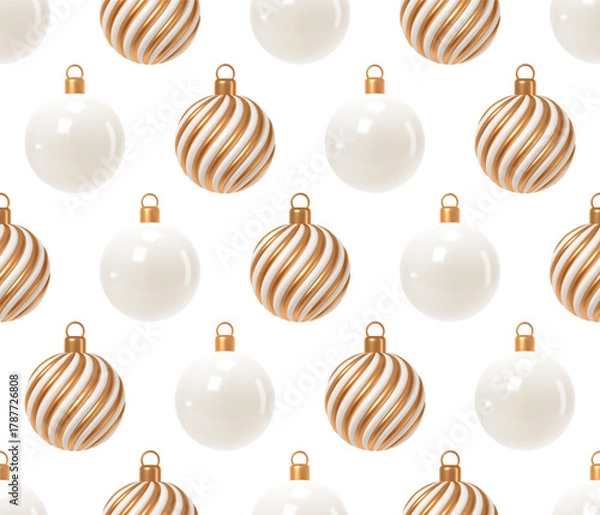 Fototapeta Seamless Pattern of 3D Elegant Golden and White Christmas Ornaments. Modern Minimalist Festive Holiday Design for Luxury Backgrounds and Winter Celebrations.