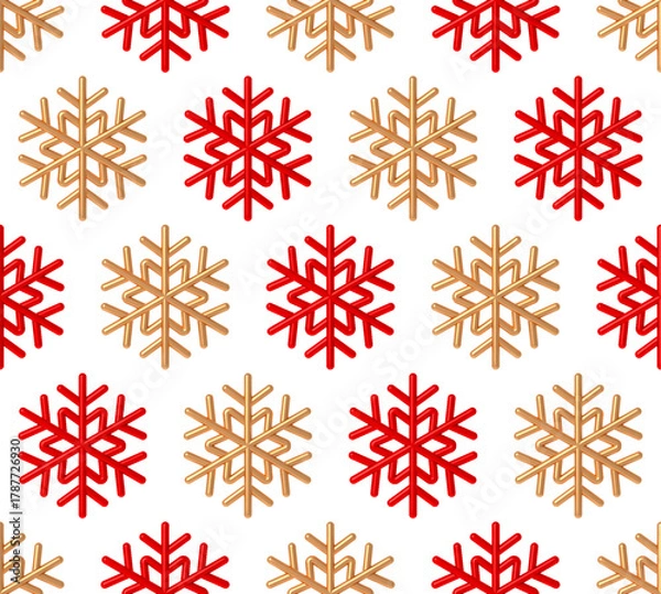 Fototapeta Elegant 3D Gold Snowflake Seamless Pattern. Festive Winter Holiday Background. Vector illustration.
