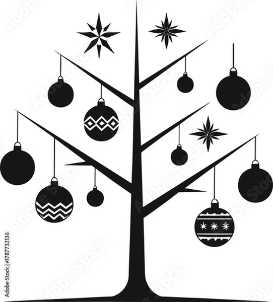Obraz PrintMinimalist Christmas tree illustration, black and white festive holiday design with hanging ornaments and stars, simple winter decoration graphic art.